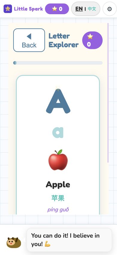 Little Spark mobile Letter Explorer showing a letter, image, English, Chinese, and pinyin